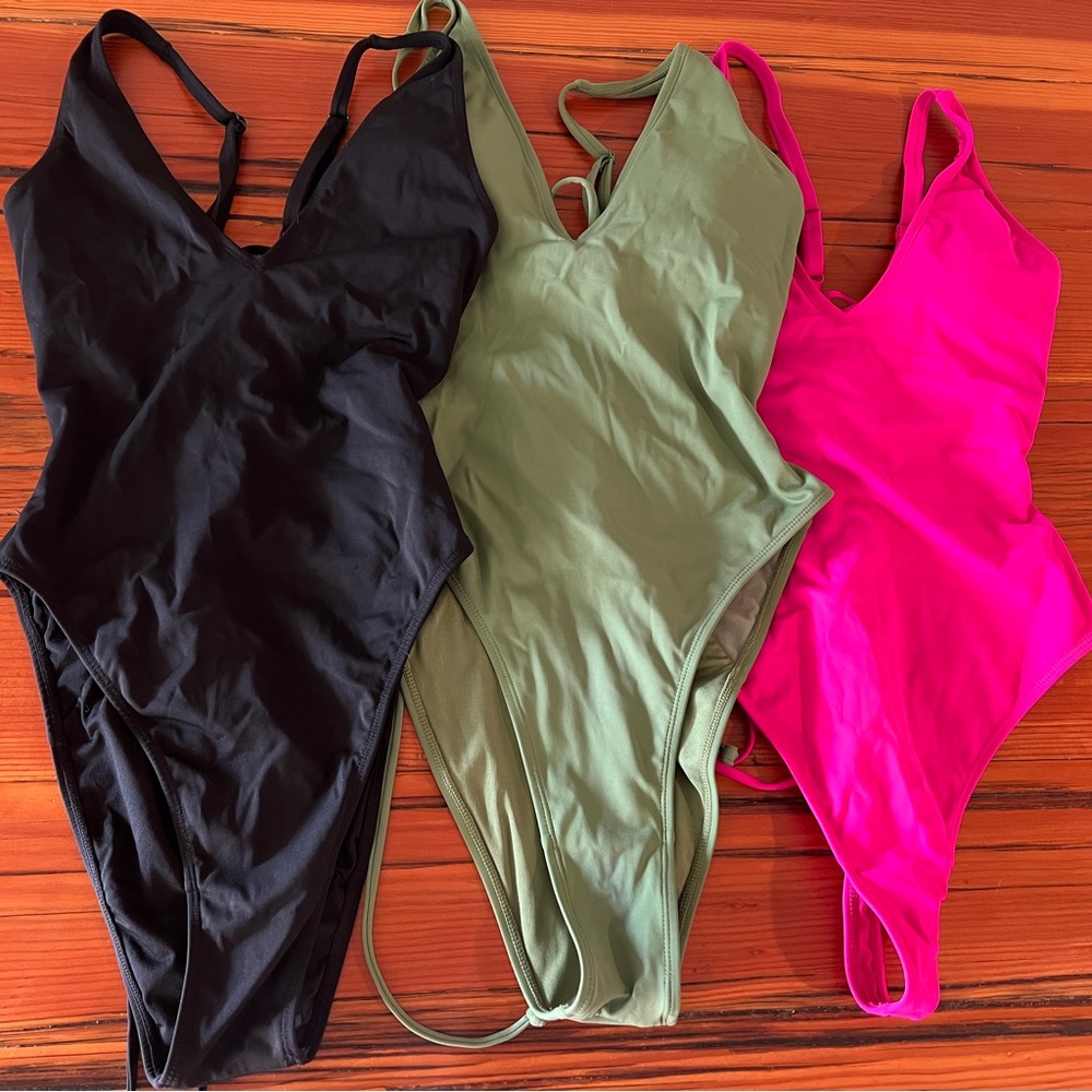 Lot of Black, Green, Pink TA3 Plungey High Cut Swimsuits (one Thong)